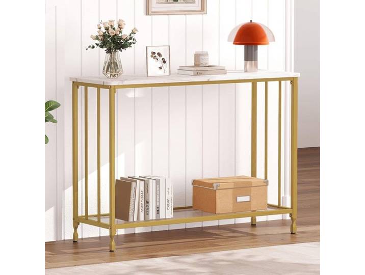 Table Console Étroite Console Meuble Table d'Entrée avec Étagère en Bois Structure en Métal pour Couloir Entrée 105x30x81 cm or