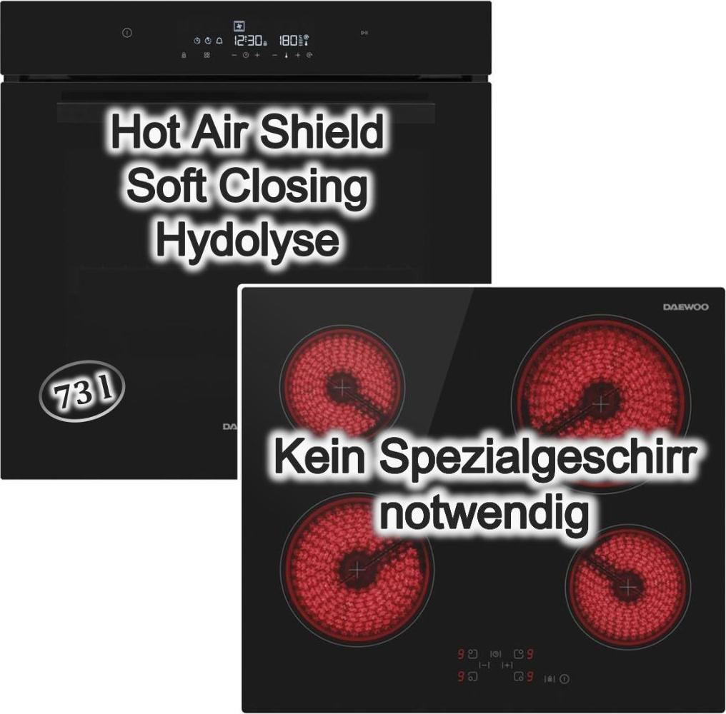 Einbau Backofen 73 L Hydrolyse SoftClosing + Kochfeld 60 cm Glaskeramik Touch Schwarz Daewoo