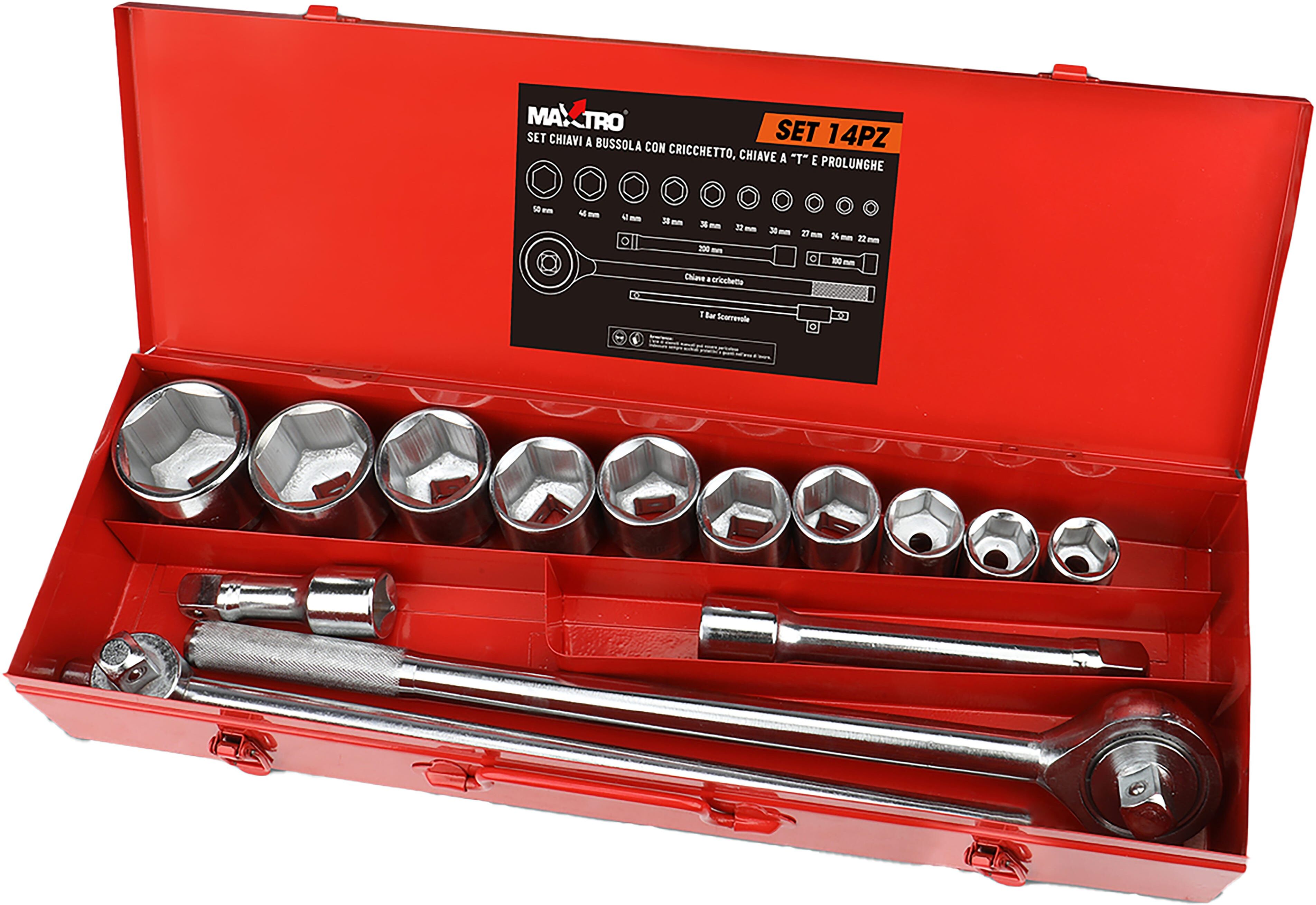 Maxtro SET 14 CHIAVI A BUSSOLA DA 3/4" CON CRICCHETTO E BARRA A T