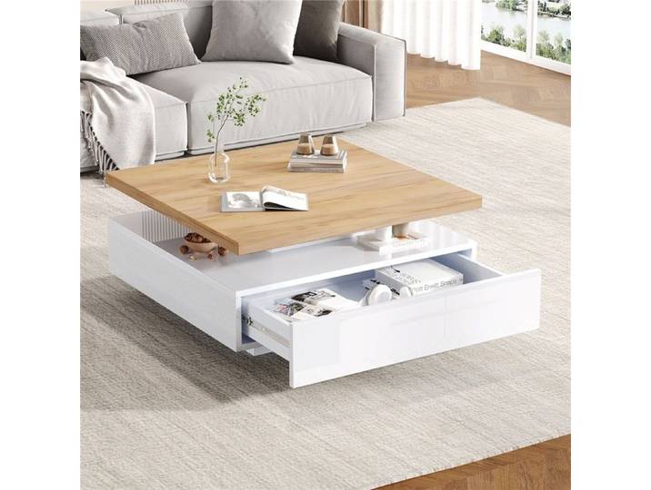 Table basse pivotante 360° étagère centrale rotative rangement caché design blanc brillant noyer pour séjour et bureau