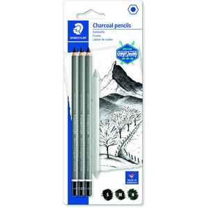 Staedtler Kohlestifte Mars Lumograph, 100C SBK4, Zeichenkohle, weich medium hart & Wischer, 3 Stück