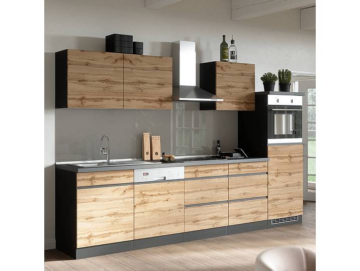 Küchenzeile Turin Kombi C 300cm Braun/Grau/Wotaneiche Dekor/Graphit Induktion mit Elektrogeräten