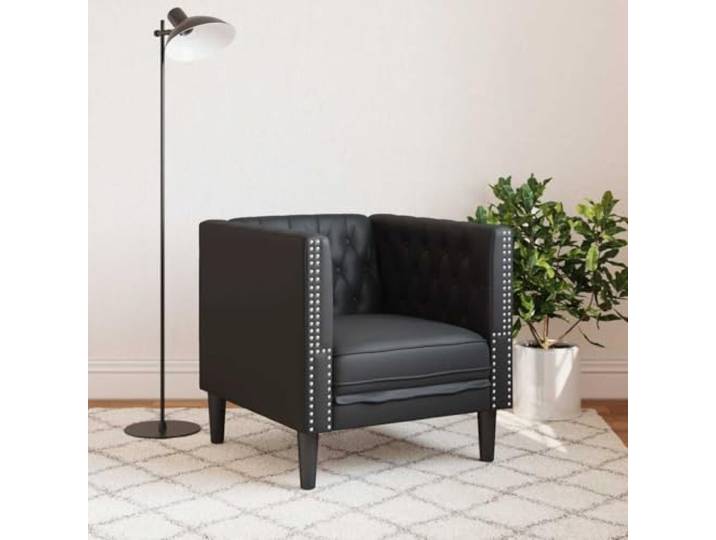 KTHLBRH Schwarzer Chesterfield-Sessel aus Kunstleder Strapazierfähiges Kunstleder, Schaumstoffpolsterung, Beine aus Massivholz, 71 x 74,5 x 70,5 cm