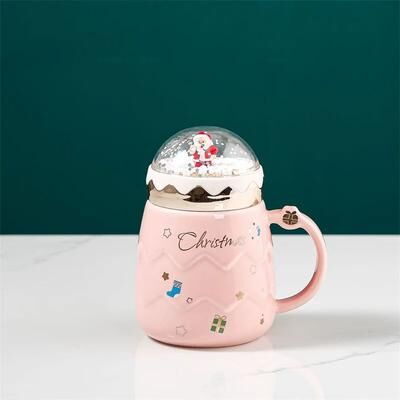 Inspired Living Santa Snow Globe Lid Ceramic Christmas Mug 500ml Cute Christmas Mug With Lid Gift Cup pink