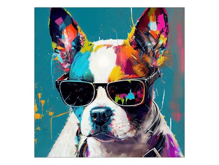 Tableau verre Dog With Sunglasses Verre flotté Blanc/Turquoise/Orange 50 x 50 x 1cm