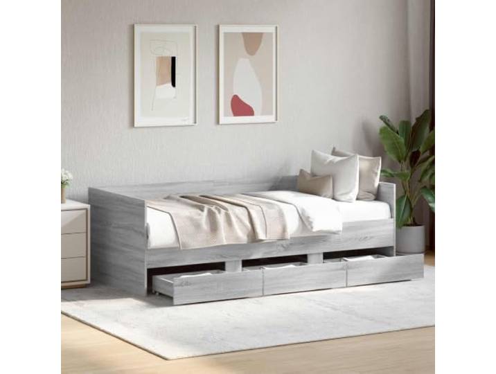 RJPLMFV Tagesbett mit Schublade, Grau Sonoma, Holz Fester Lattenrahmen, Designer-Kopfteil, integrierte Aufbewahrung, einfache Wartung