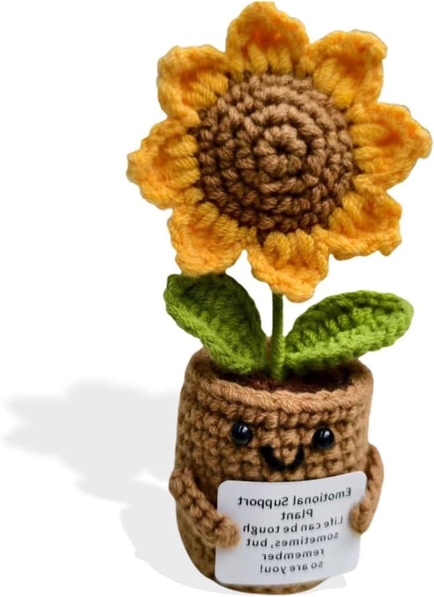 Handgemaakte Gebreide Zonnebloem van Zacht Melkkatoen - Geel - 19 cm