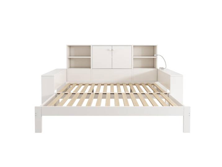 Oxeza Polsterbett 90/200 cm Weiß mit Stauraum, Ausziehbett und USB-/USB-C-Anschlüsse, Holz, Mode, 90x200 cm, Schlafzimmer, Betten, Polsterbetten