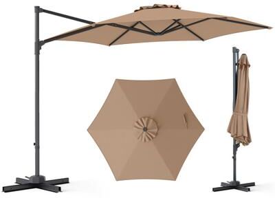 Costway 10 FT Patio Cantilever Umbrella with 360° Rotation and Air Vent for Backyard and Poolside-Tan