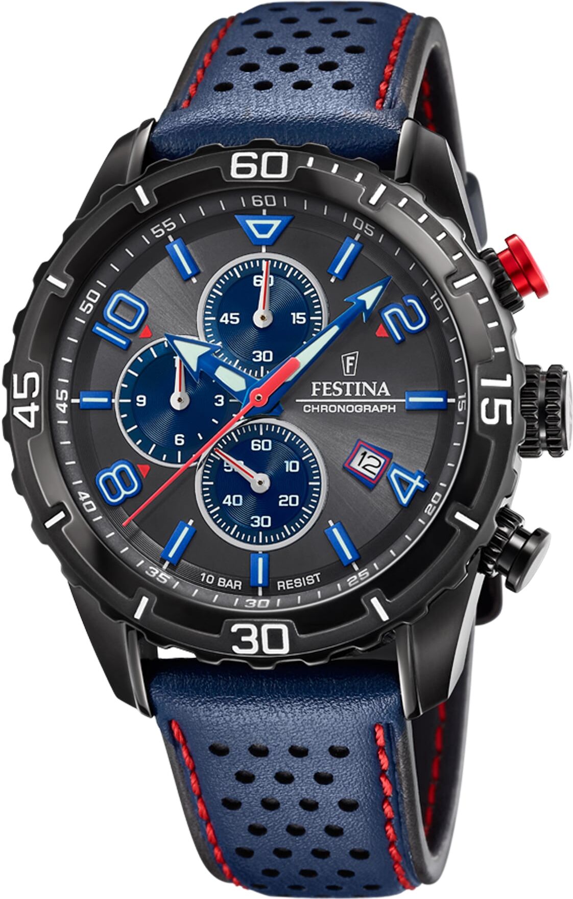 Chronograph FESTINA, blau (dunkelblau, anthrazit, anthrazit), Armbanduhren, Herren, schwarz, Chronograph, Armbanduhr, Quarzuhr, Herrenuhr, Stoppfunktion, Lederarmband