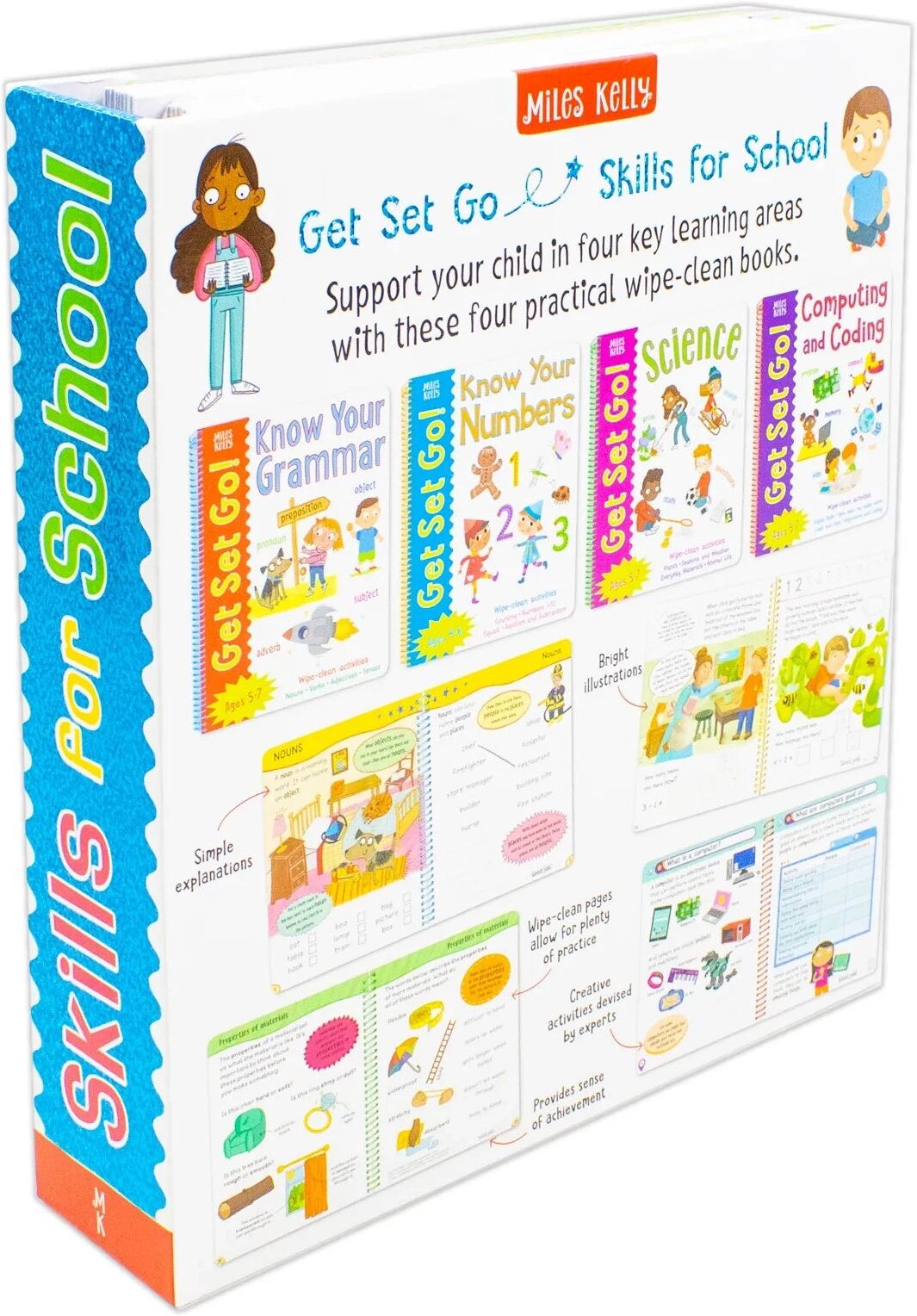 Miles Kelly Publishing Ltd. Get Set Go Skills for School 4 Wipe Clean Books Set Plus one Pen (Ages 4-7) (Computing and coding, Know your Numbers, Know Your Grammar & Science)