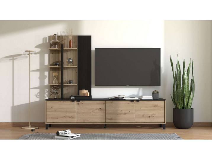 Home affaire Wohnwand Margate inkl.TV-Board und Standregal, 208 cm, mit dekorativen schwarzen Streifen, metallgriffe