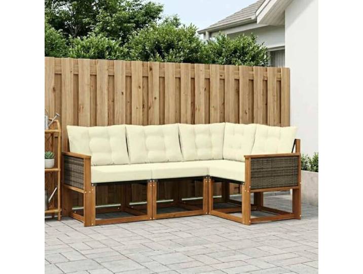 HFMDRMU Outdoor-Sofagarnitur mit Kissen 4 pcs Natur und Creme, modulares Sofa aus massivem Akazienholz für Terrasse und Garten, wetterbeständiges Design mit lackierter Oberfläche,