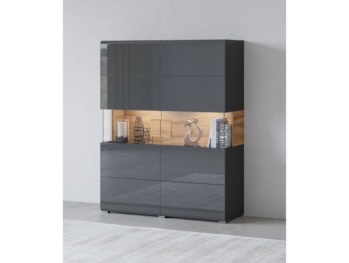 Highboard GOODPRODUCT Toledo,Breite 121,5 cm, trendige Hochkommode mit 2 Türen , schwarz (antrazit matt, antrazit hgl, alteiche), B:121,5cm H:152,5cm, Sideboards, Highboard, Hochschrank mit Glas-Partien,stylische Hochglanzfronten
