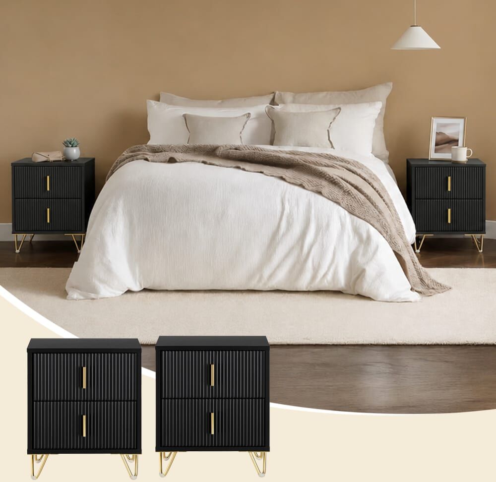 SoBuy Set de 2 table de chevet à deux tiroirs noir 40x47x40 cm Noir 40x46x40cm