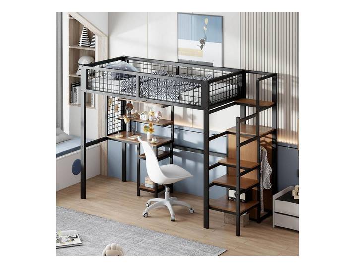 LuxusKollektion Hochbett Hochbett 90x200 Metall Schwarz Stauraumbett mit Tisch (1-St)