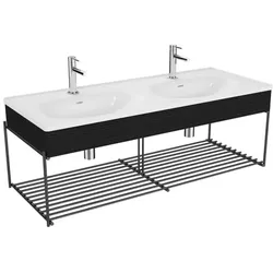 VitrA Equal Doppelmöbelwaschtisch-Set 64100 132,5x52cm, mit Möbelwaschtisch asymmetrisch, weiß, Ablage, mit Holzblende schwarz-eiche