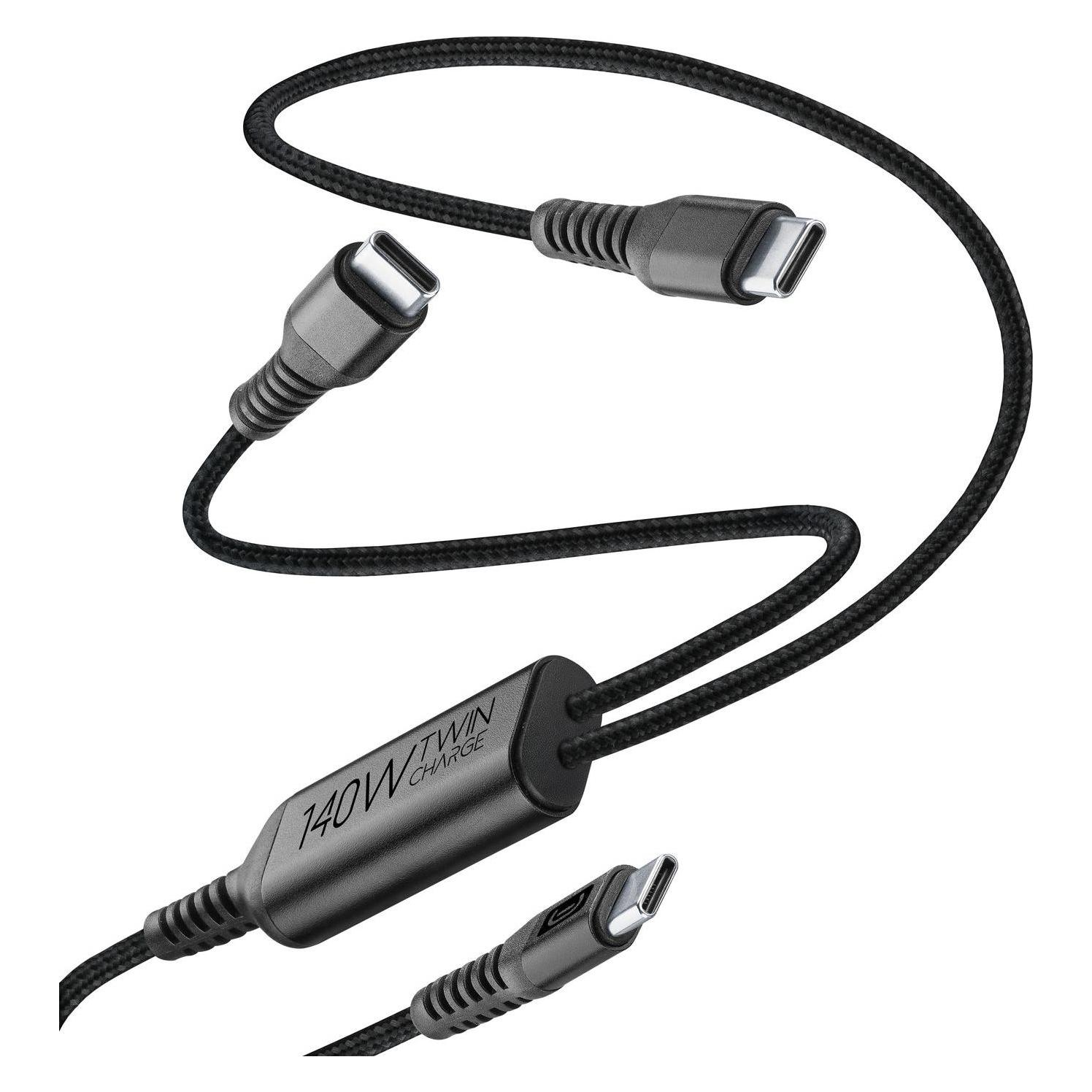 Cellularline CELLULAR LINE Twin Charge Cable USB-Kabel (USB C, 1.5 m, 140 W (1.50 m, 140 W) (USBDATATWINC2C15MK)