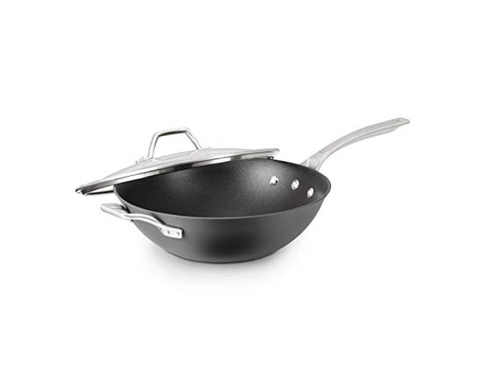 Calphalon Signature harteloxierter antihaftbeschichteter Wok, 30,5 cm, flacher Boden, ofenfest, PFOA-frei, schwarz