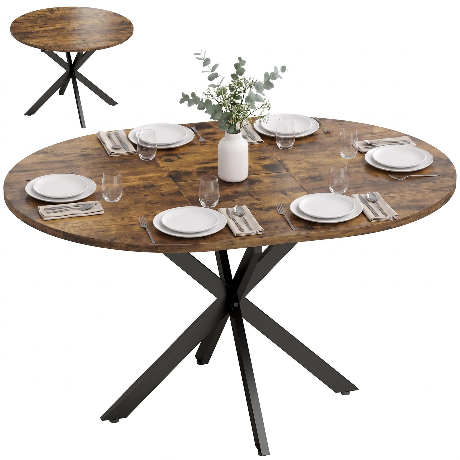 MH Handel Uitschuifbare ovale eettafel met vlinderblad voor 4-6 personen, rustiek bruin