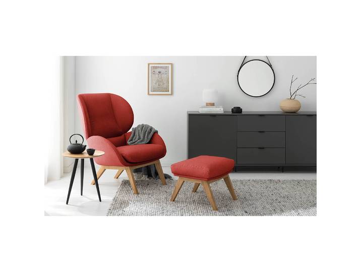Polsterhocker 54 x 41 x 41cm Rot/Karminrot Eiche Hell Webstoff Saia: Karminrot