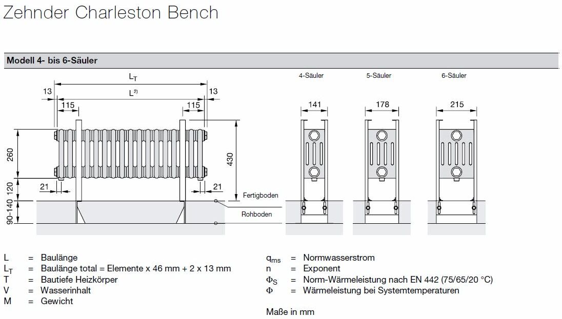 Zehnder Bank-Radiator 120 x 36,8 x 17,3 cm Anschluss 7610