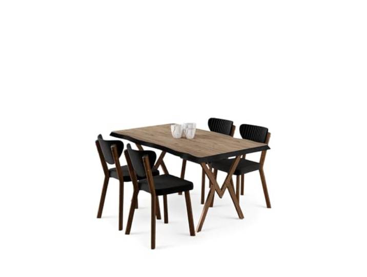 Hanah Home Modern 5-Piece Dining Table & Chairs Set, Atlantic Pine & Black, 130 cm Table, 4 Chairs with Babyface Fabric 100% MDF, Metal Legs, Scandinavian Design