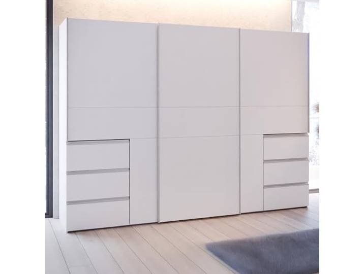 Forte Winn 2 Kleiderschrank 270, moderner Schwebetürenschrank, 3-türig, 6 Schubladen, Schlafzimmer, Holzwerkstoff, Weiß, 269,7 cm breit x 200,5 cm hoch x 61 cm tief