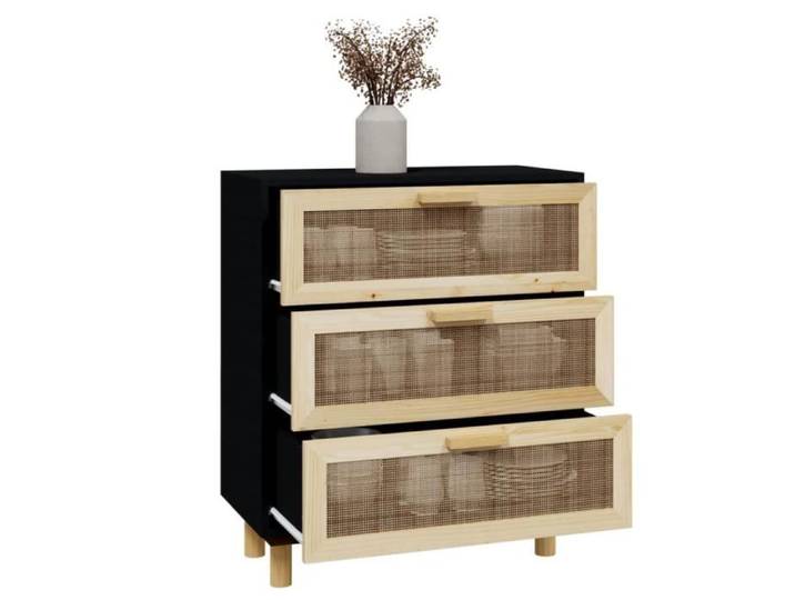 Omabeta Buffets bahuts - Buffet Noir 60x30x70 cm Bois de pin massif et rotin naturel HB02683