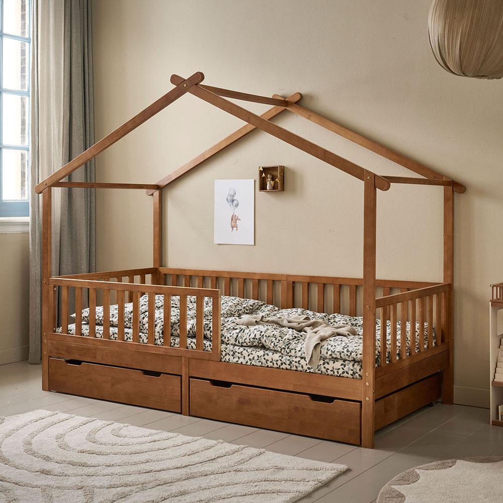 Petite Amélie Hausbett Maison - 90x200 cm - Walnuss- Kinderbett mit Lattenrost - flexible und abnehmbare Seitengitter