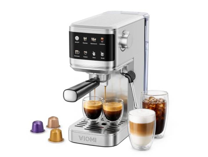 VIOMI T1B Pro 20-Bar 2in1 Espressomaschine mit Milchaufschäumer & Cold Brew Kaffeepulver & Kapseln, Touchscreen, Kaffeemaschine für Latte & Cappuccino, Selbstreinigung, 1,1L Tank, Edelstahl, Kompakt