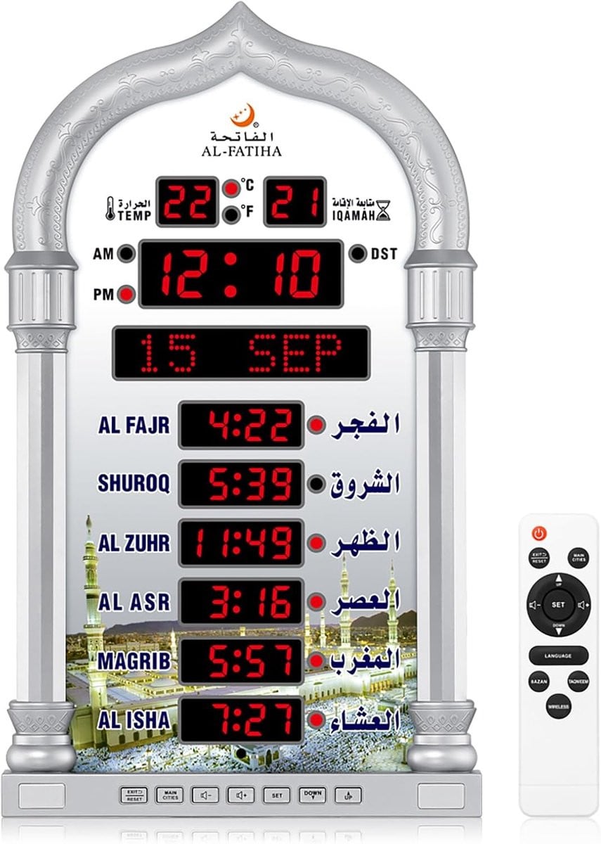 Azan LED Gebedsklok - Digitale Athan Wandklok met Helder Display - Zilver