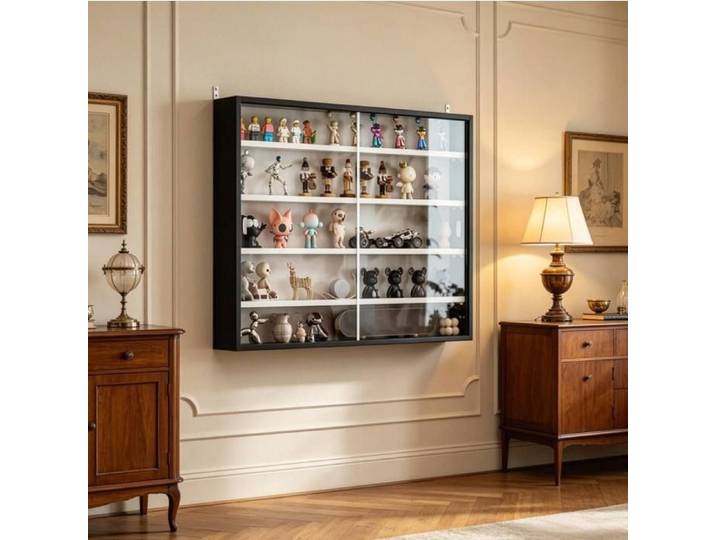 Vitrine Murale Verre Noir Blanc Meuble Vitrine FloraGrace Pour Salon 4 Étagères Réglables 80x9 5x60cm