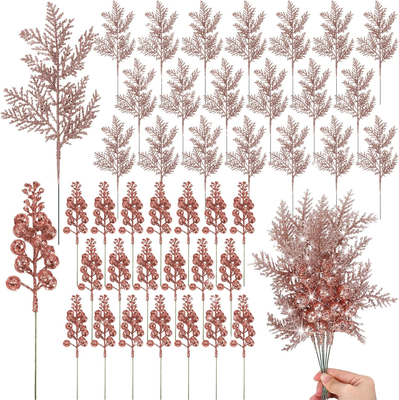 Discount Dollar Deals Artificial Berry Bouquets With Glitter, Pine Needle Stalk, Christmas Decoration, Ornament DIY Wreath, Gift Accessories rose Gold