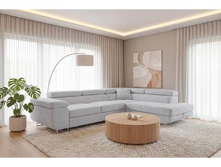 SOFILAND Ecksofa Luca L-Form mit Schlaffunktion und Bettkasten, wasserabweisender Velour, haustierfreundlich (Hellgrau, Rechts)