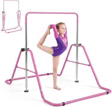 Costway 143 lbs Capacity Foldable and Adjustable Kids Gymnastics Bar with 5 Height Levels-Pink