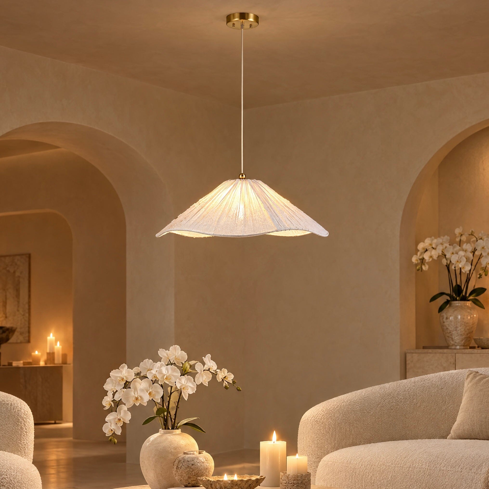 Jasmine Large Cream Fabric Wavy Edge Pendant Ceiling Light