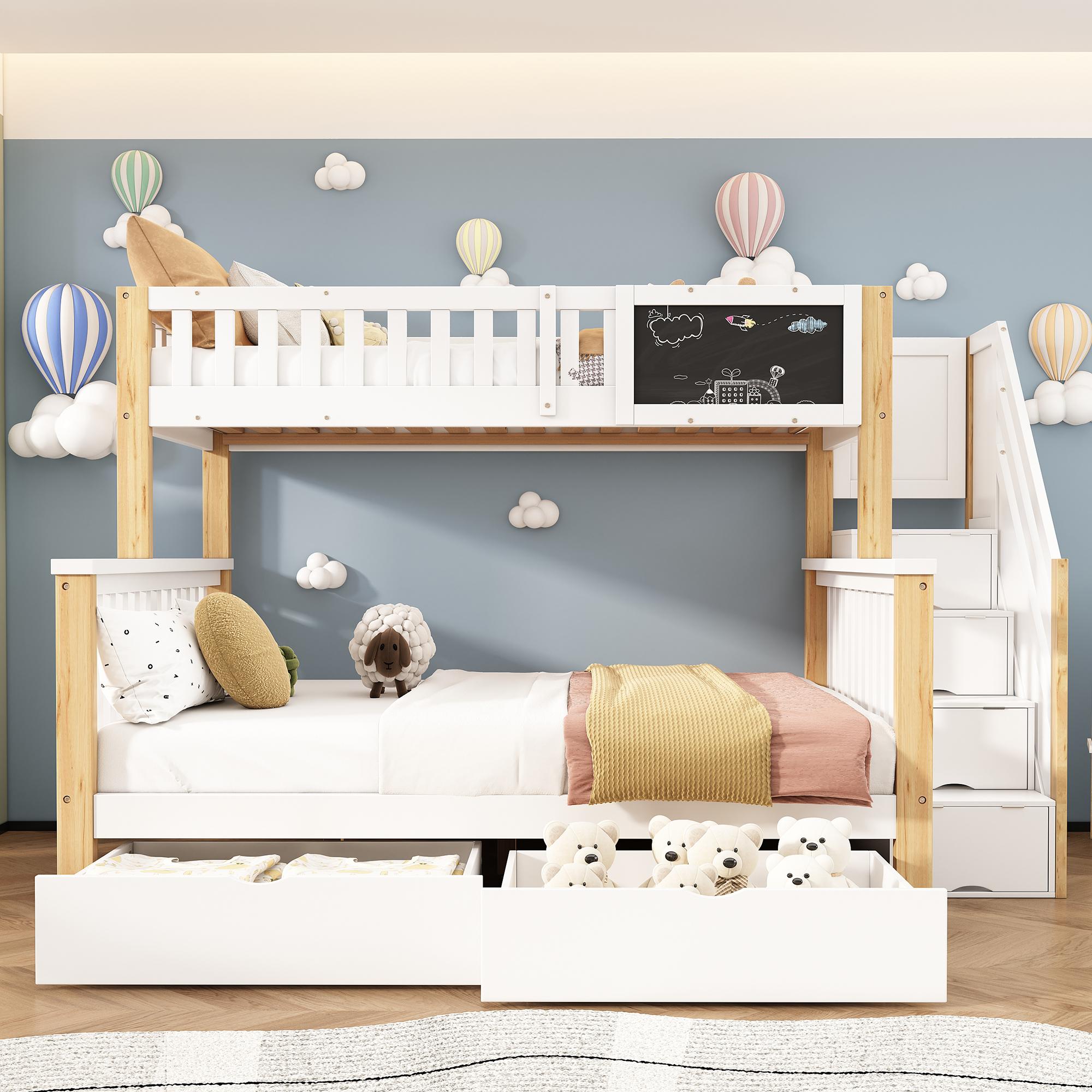 Flieks Etagenbett mit Treppe, Kinderbett 90x200cm/140x200cm mit Lattenrost, Hochbett mit Rausfallschutz, Massivholzbett Stauraumbett mit Schubladen, N