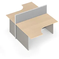 Ergonomischer Eckschreibtisch mit Textil-Trennwänden, 1 Platz, grau/Birke