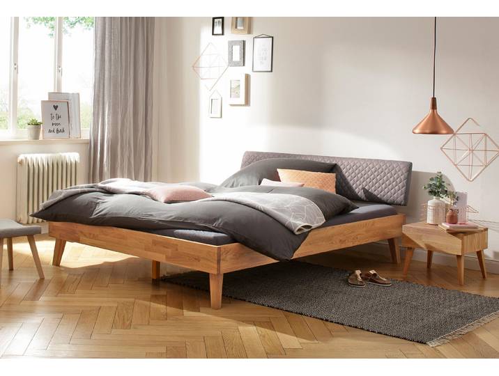 Bett HOME AFFAIRE Natali , braun (eiche, grau, eiche), B:166cm H:81cm L:210cm, Betten, Bett, aus massiver Eiche, gepolstertes Kopfteil mit Kunstlederbezug