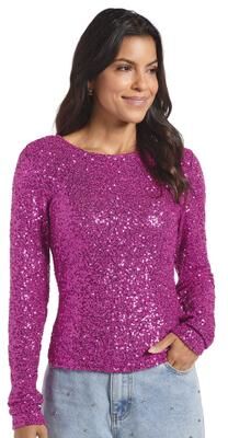 Masseys Shine-On Long Sleeved Shirt (Women's) Casual in Magenta, Size Large, Nylon/Polyester/Spandex
