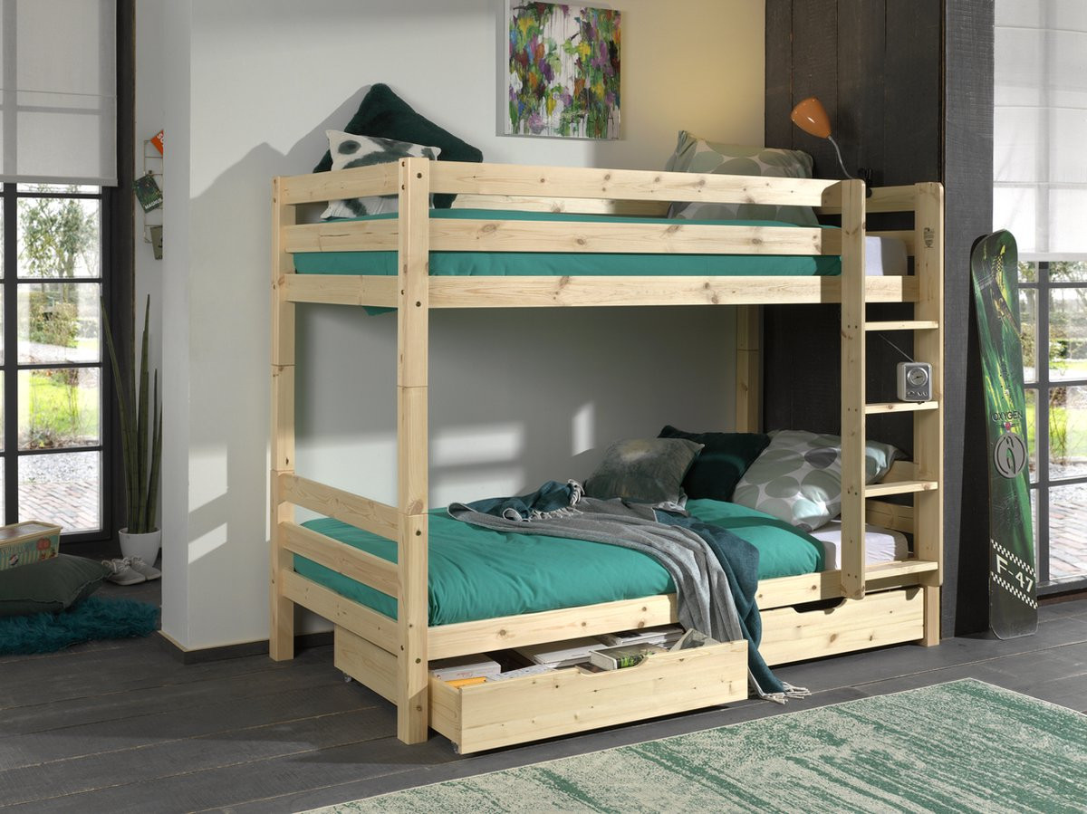 LUCEVI Pino Stapelbed voor kinderen met ladder en 2 lades, massief hout, Bruin, B/D/H: 90 x 200 x 160 cm