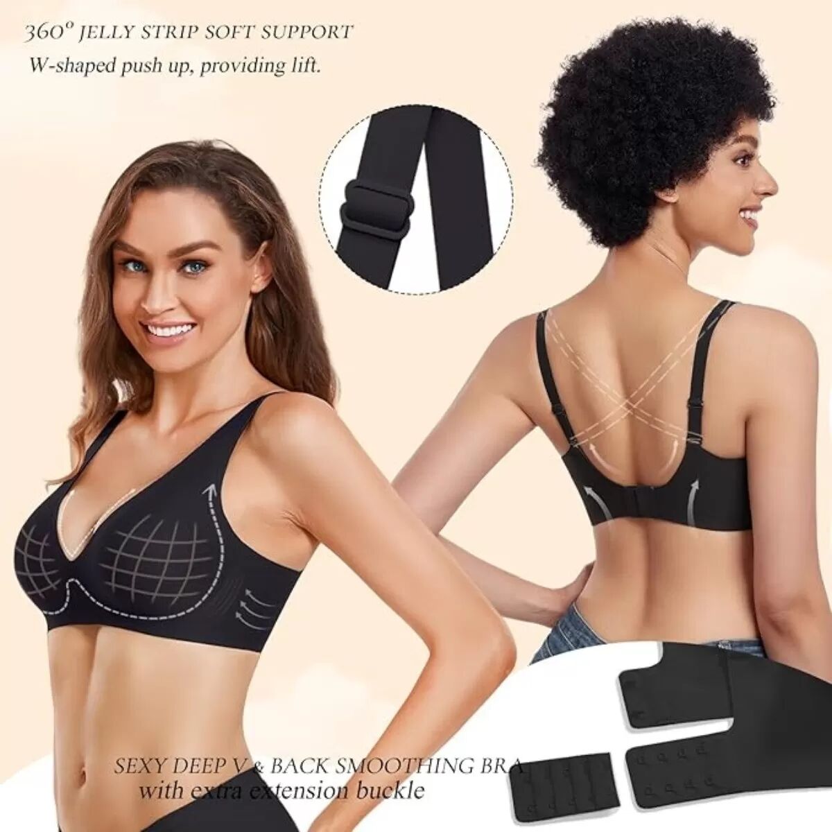 INF Nahtloser kabelloser BH für Damen – Starker Halt & bequemes V-Ausschnitt-Design Schwarz