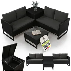 Juskys Polyrattan Lounge Santorini - Outdoor Sitzecke mit Beistelltisch & Auflagenbox - Schwarz