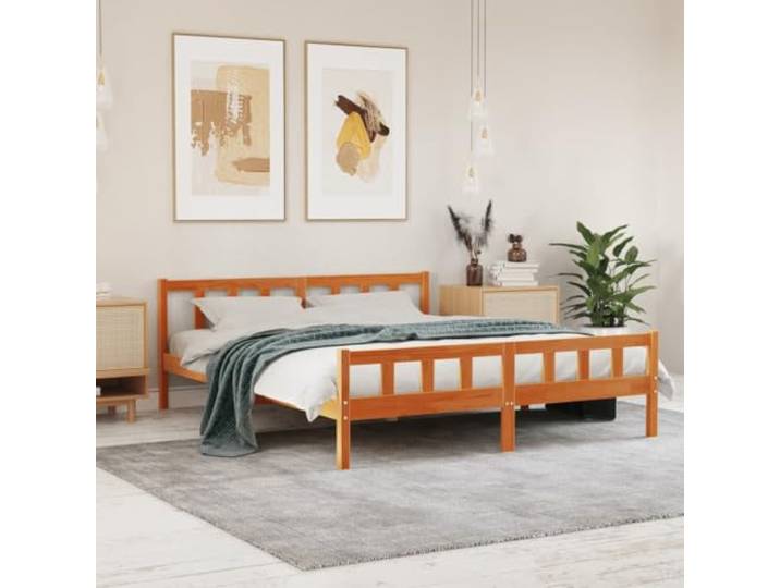 RJPLMFV Bettgestell, Massivholz, Kiefer, 160 x 200 cm, Braun Lattenrost inklusive, Kopfteil mit Rückenstütze, robustes rustikales Design
