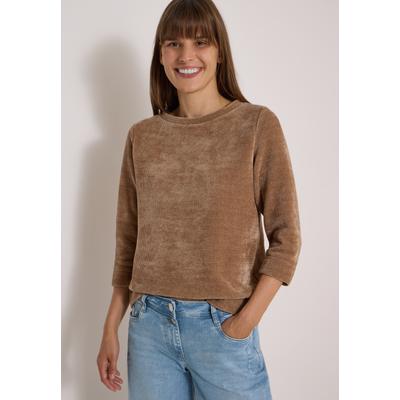 3/4-Arm-Shirt CECIL, Damen, Gr. M (40), braun (creamy mocha), Stoff, 100% Polyester, unifarben, normal normal, U-Boot-Ausschnitt, abgesteppt, Shirts 3/4-Arm-Shirt, in Cord-Optik
