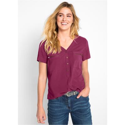 Kurzarmbluse BONPRIX, Damen, Gr. 42, beere, Web, Obermaterial: 100% Viskose, unifarben, regular fit hüftbedeckend, V-Ausschnitt, Blusen, bequeme Passform, aus Viskose, mit V-Ausschnitt mit kurzer Knopfleiste