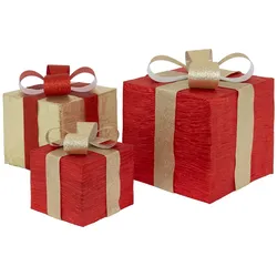 ECD Germany LED Geschenkboxen 3er-Set, Rot-Gold, 90 warmweiße LEDs, Batteriebetrieb, Timer, Weihnachtsdeko