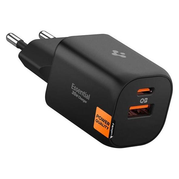Spigen - Wall Charger Essential (EE352EU) - USB, Type-C, Fast Charging, Quantum Boost, 35W - Black (35 W, 2 Ports) (ACH09463)