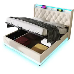 Polsterbett 140x200 mit hydraulischem Stauraum und 360-Grad-LED-Beleuchtung – Elegantes Design in Weiß